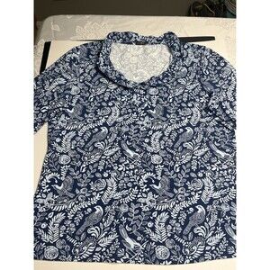 J. McLaughlin Blouse Blue White Floral Bird Ruffle V-Neck 3/4 Sleeve Sz XL